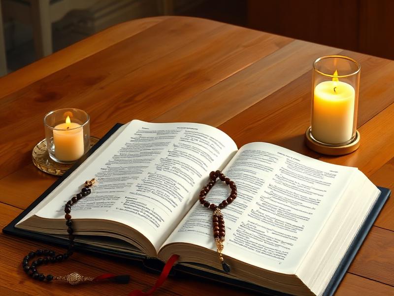 Bíblia aberta com terço e velas - Meditação espiritual